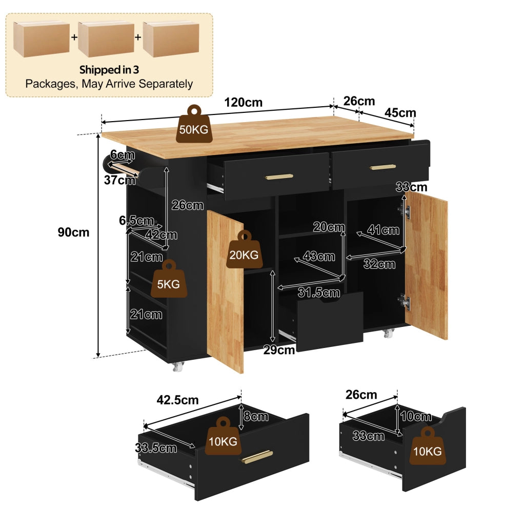 Isola cucina con piano ribaltabile 120x45(71)x90 cm in MDF nero e effetto legno