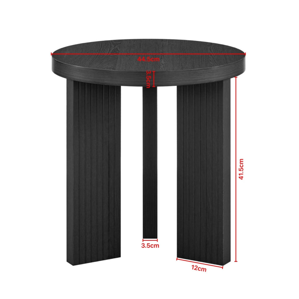 Tavolino rotondo da salotto in MDF nero con struttura a tre gambe, compatto e versatile