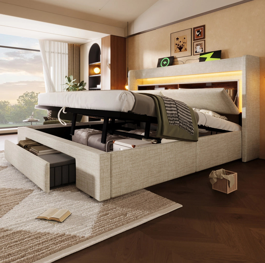 Letto imbottito 140x200 cm con contenitore idraulico; LED; USB e USB-C; beige