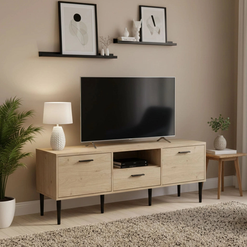 Mobile porta TV elie, Credenza da soggiorno, Armadio basso per TV, Base parete attrezzata, 147x40 h57 cm, Rovere