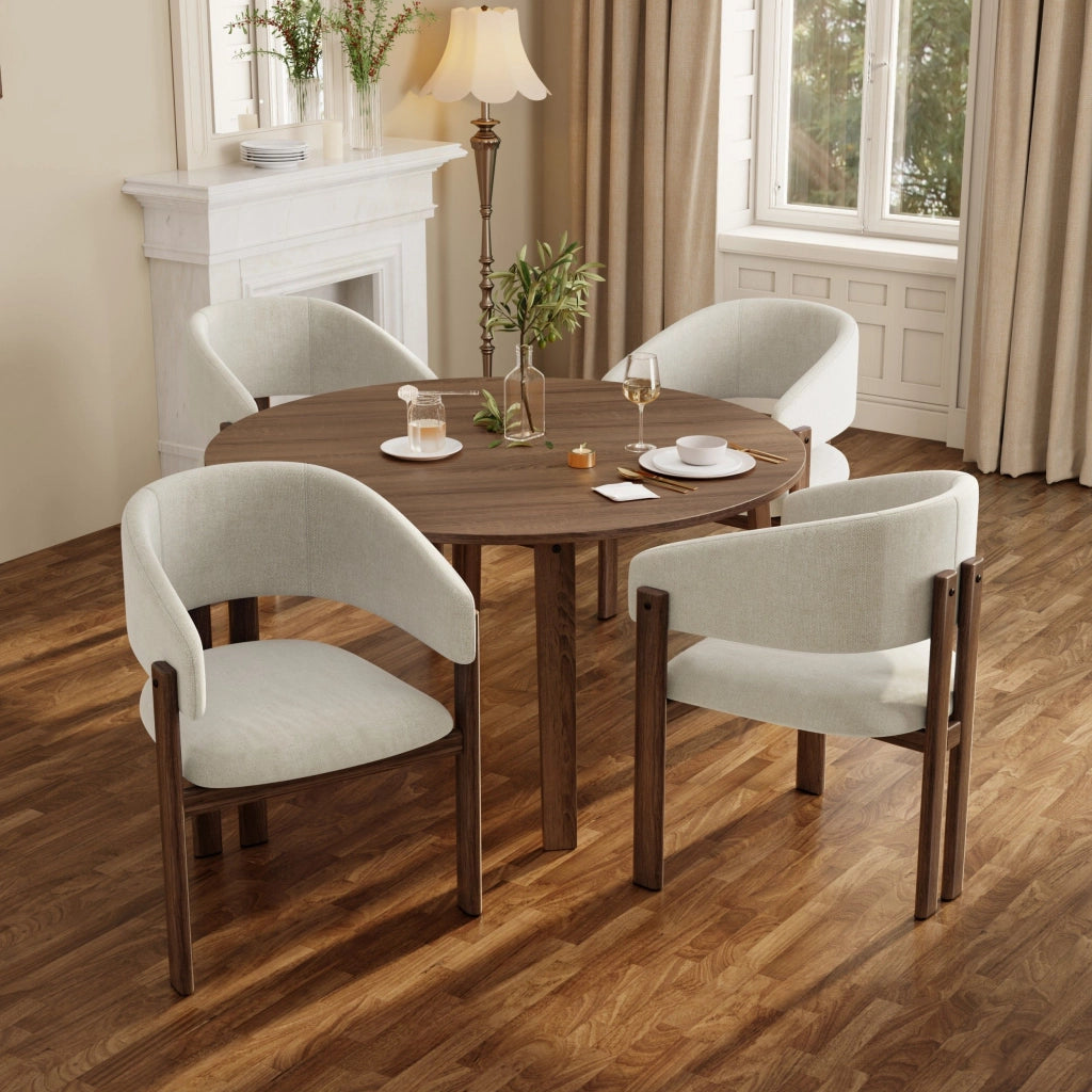 Sedia da pranzo, set da 2, gambe in metallo effetto legno, lino, colore noce e beige