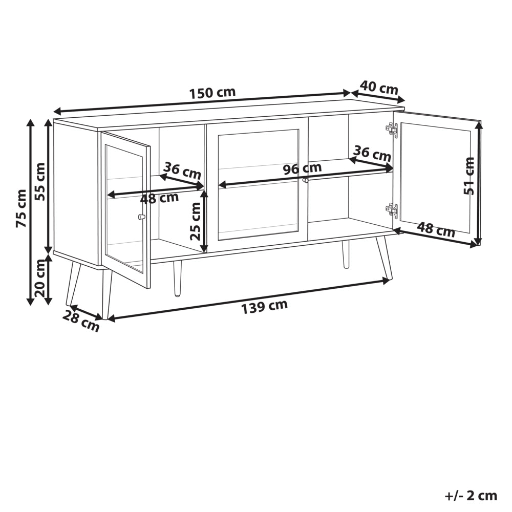 Credenza a 3 ante in truciolato marrone chiaro, gambe in legno di pino 2 ripiani con vetro frontale Stile minimalista