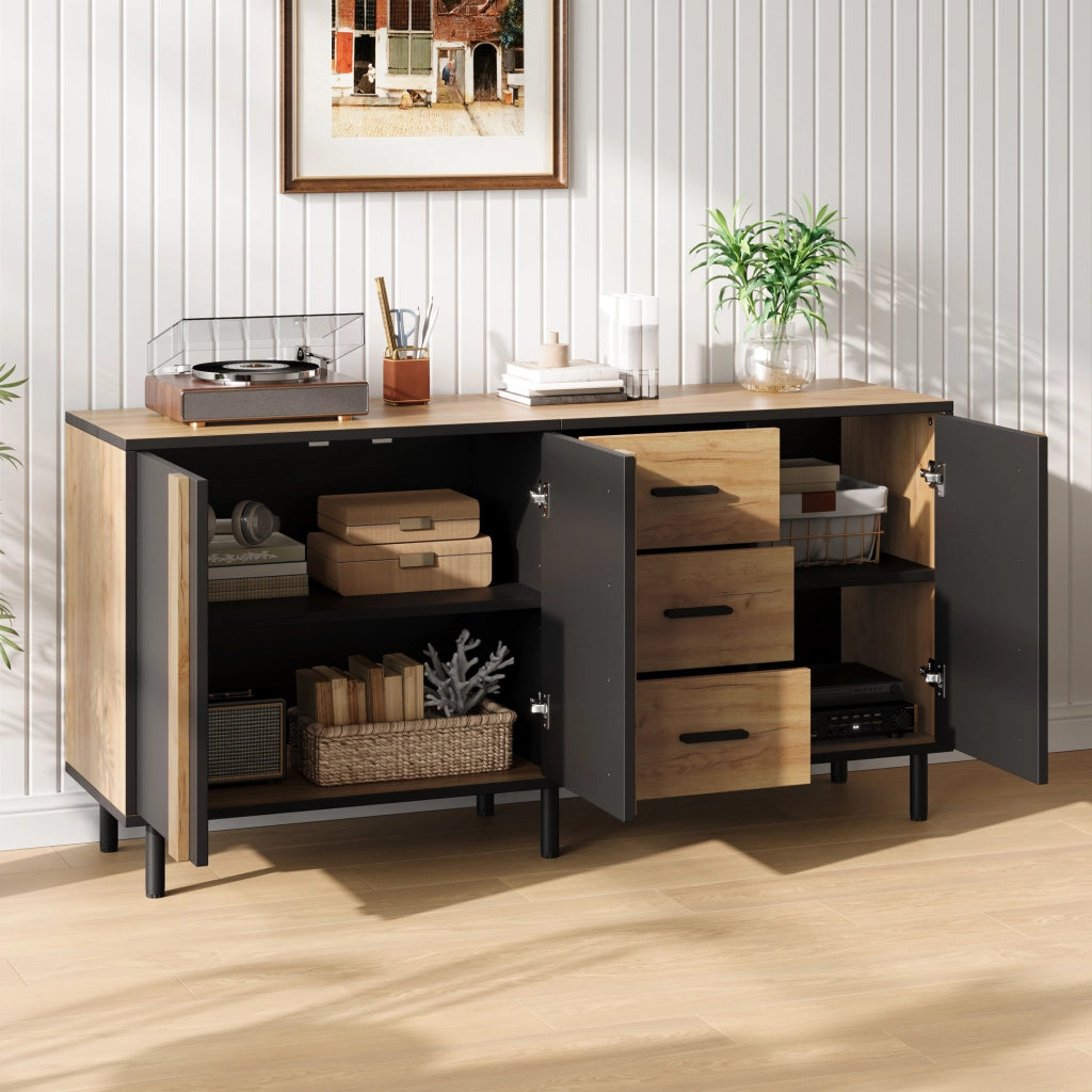 Credenza 140x35x70 cm in MDF con 3 ante e 3 cassetti; nero e effetto legno