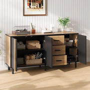 Credenza 140x35x70 cm in MDF con 3 ante e 3 cassetti; nero e effetto legno