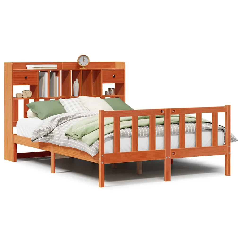Letto Libreria senza Materasso-Struttura Letto con contenitore Marrone Cera 160x200 cm in Pino 786867