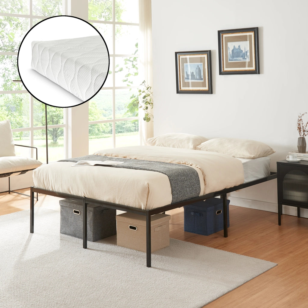 Letto Francese Vårdö in Acciaio Nero con Materasso a Schiuma Fredda 140 x 200 cm [en.casa]