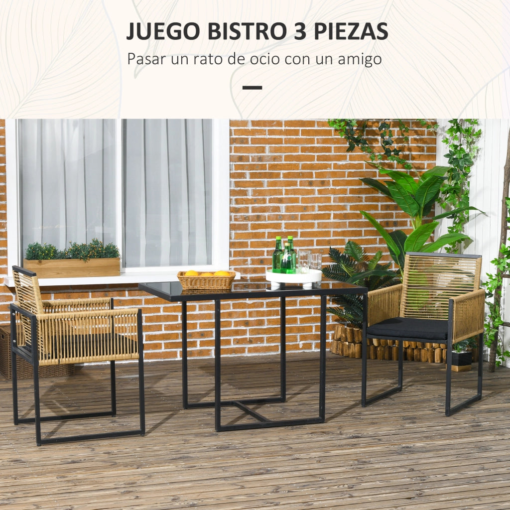 Tavolo da pranzo con vetro e 2 sedie in rattan ¨C zephmum ¨C nero e naturale 90x90x75 cm