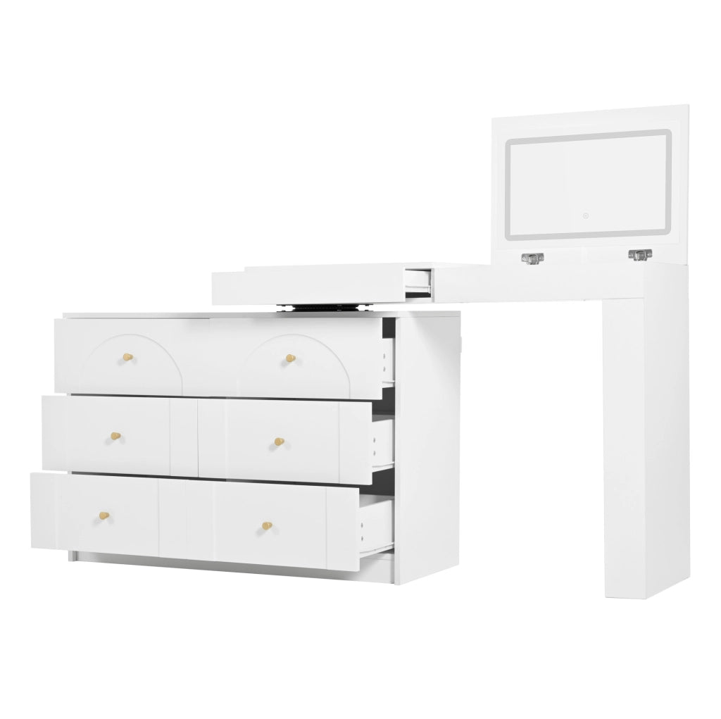 Toeletta girevole ULEVR 105x40x80 cm con specchio LED, 7 cassetti e piano richiudibile, bianca