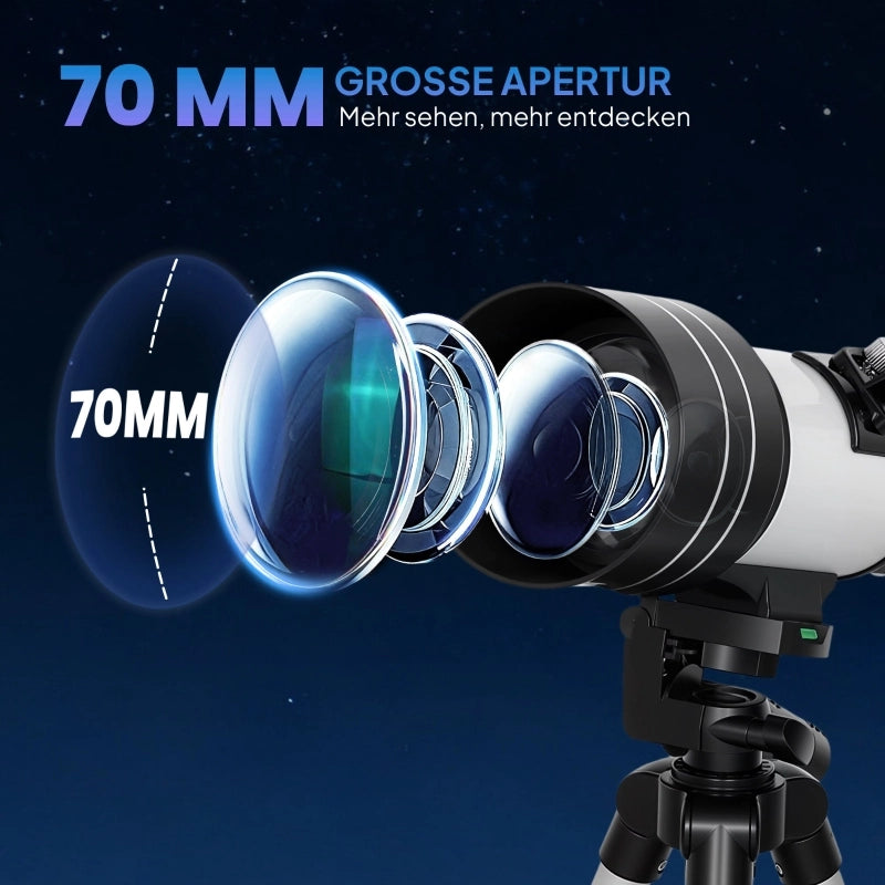 Telescopio, lente da 70 mm, binocolo 5 x 24, treppiede regolabile, colore argento