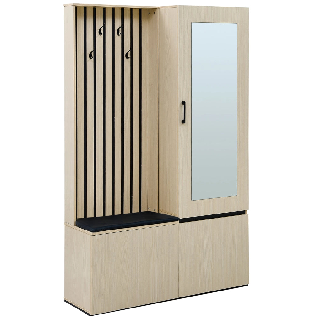 Set guardaroba con specchio e panca; asta estraibile e vano scarpe; MDF effetto legno