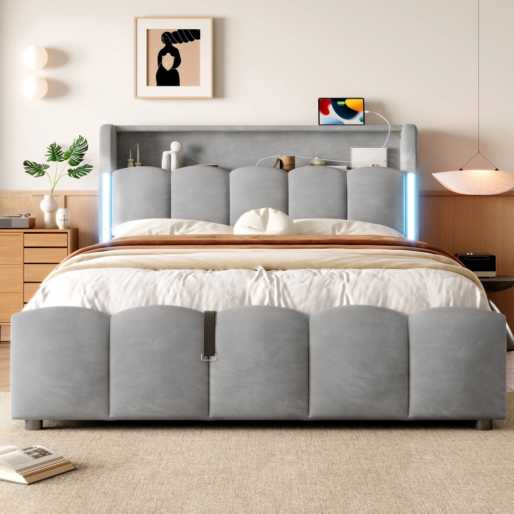Letto matrimoniale imbottito 140x200 cm in velluto grigio con LED; contenitore e porte USB