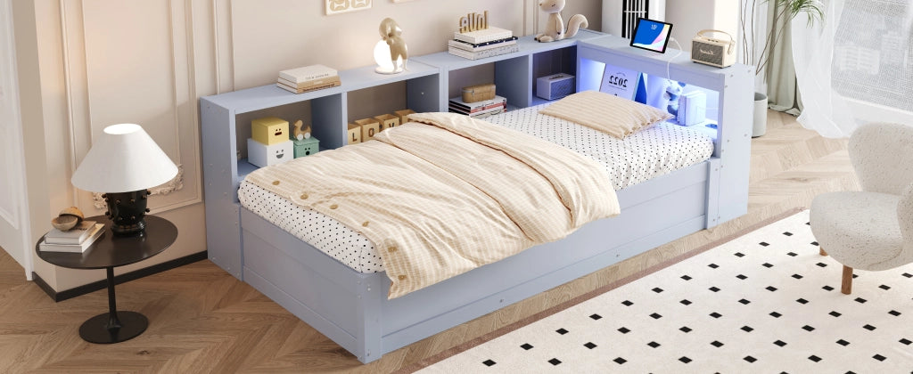 Letto divano singolo 90 × 200 cm con presa multifunzione, LED e contenitore idraulico, senza materasso, in MDF, grigio