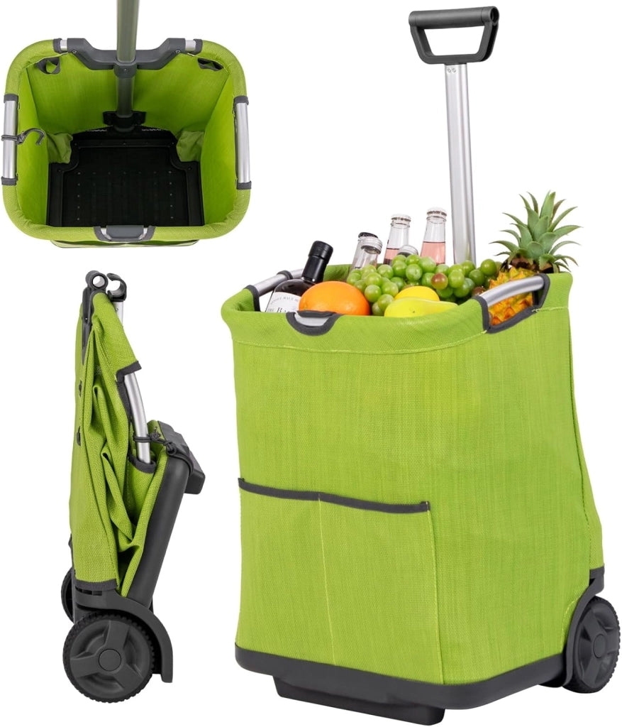 Carrello Spesa Pieghevole in Alluminio, Trolley Spesa con Ruote, Tasche Multiple e Manico Telescopico Regolabile, Capacità 50L, Caricabile fino a 35 kg (Verde)