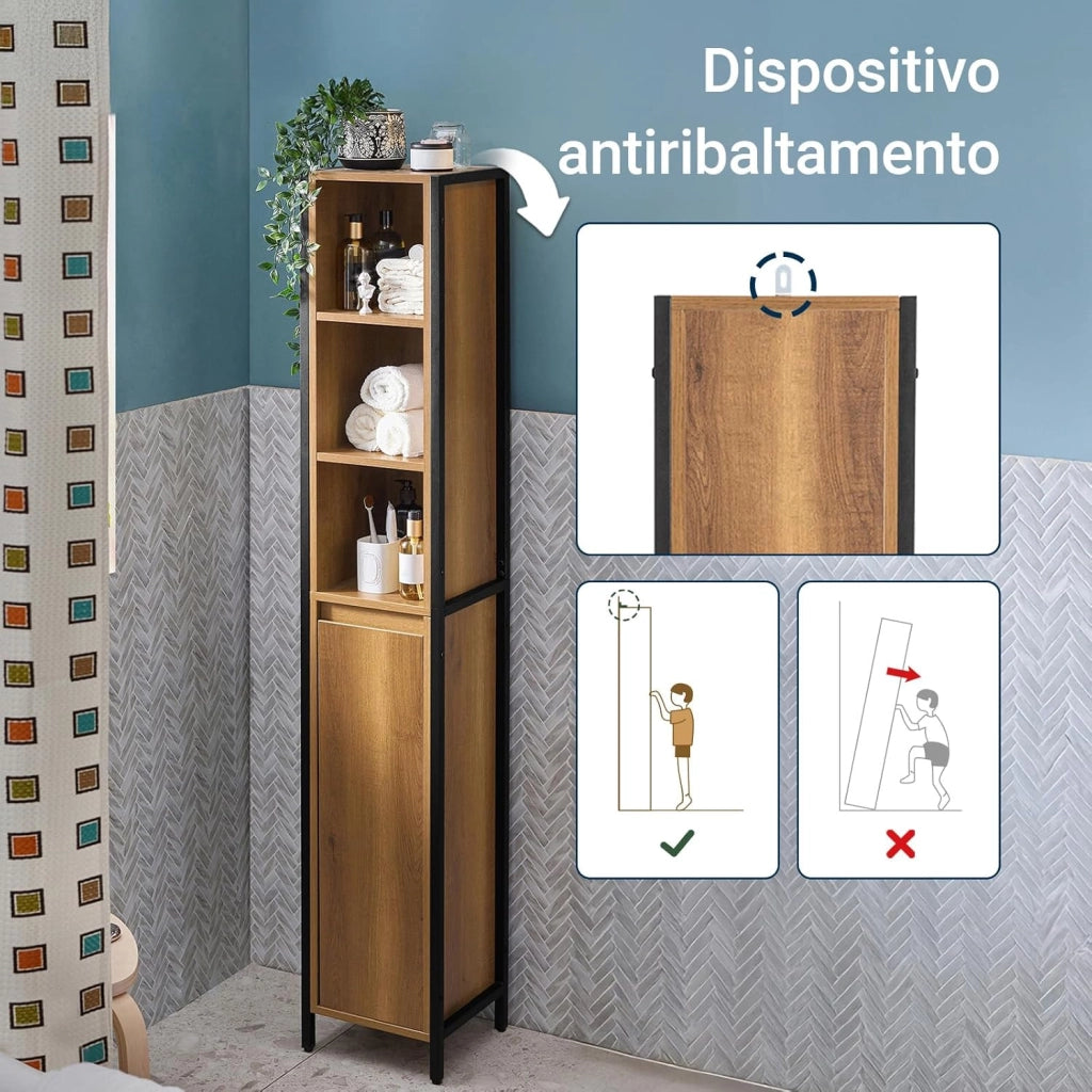 Colonna Bagno Alta e Stretta con 3 Ripiani Aperti e 1 Anta – Mobiletto Salvaspazio Vintage in Metallo e Legno 30x168x28cm BZR62-PF