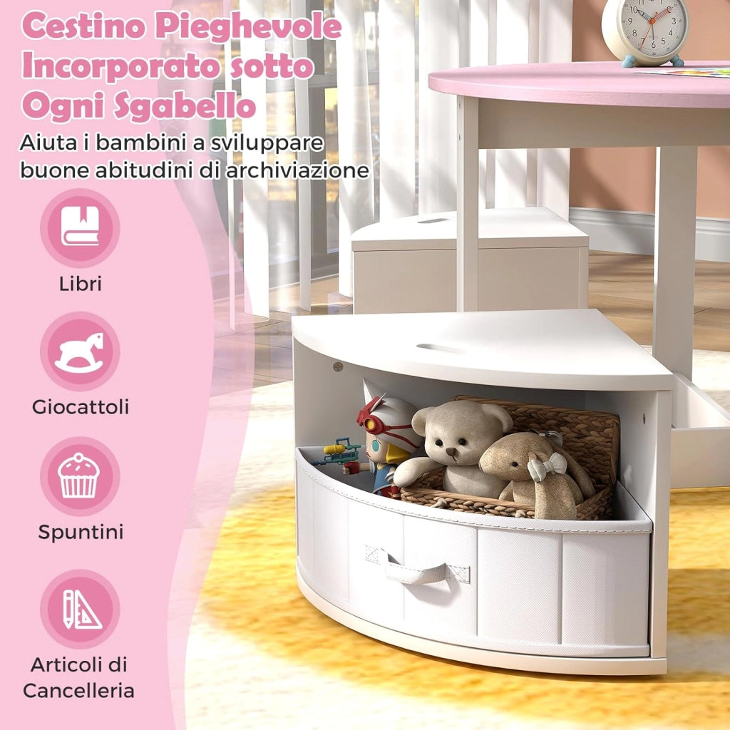 Set Tavolo e Sedie per Bambini a 5 Pezzi, Tavolino Rotondo Salvaspazio con 4 Sgabelli, Ripiano e 4 Cassetti in Tessuto, Set Mobili per Cameretta, Asilo e Disegnare (Rosa)