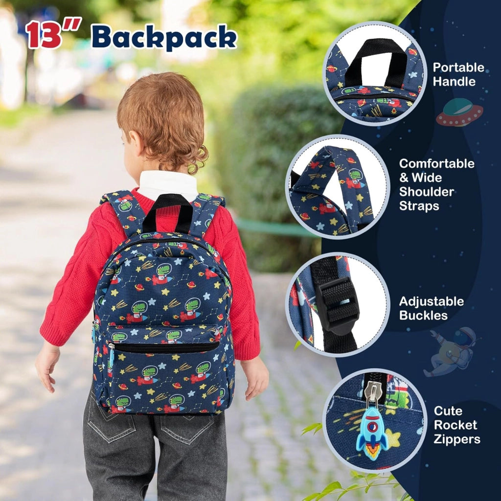 Set di 5 Pezzi Valigia 16’’ + Zaino 13’’ per Bambini, Bagagli 5-in-1 con Cuscino per Collo, Borsetta da Pranzo e Etichetta, Trolley con Maniglia Telescopica e Ruote Universali (Nero Dino-Space)