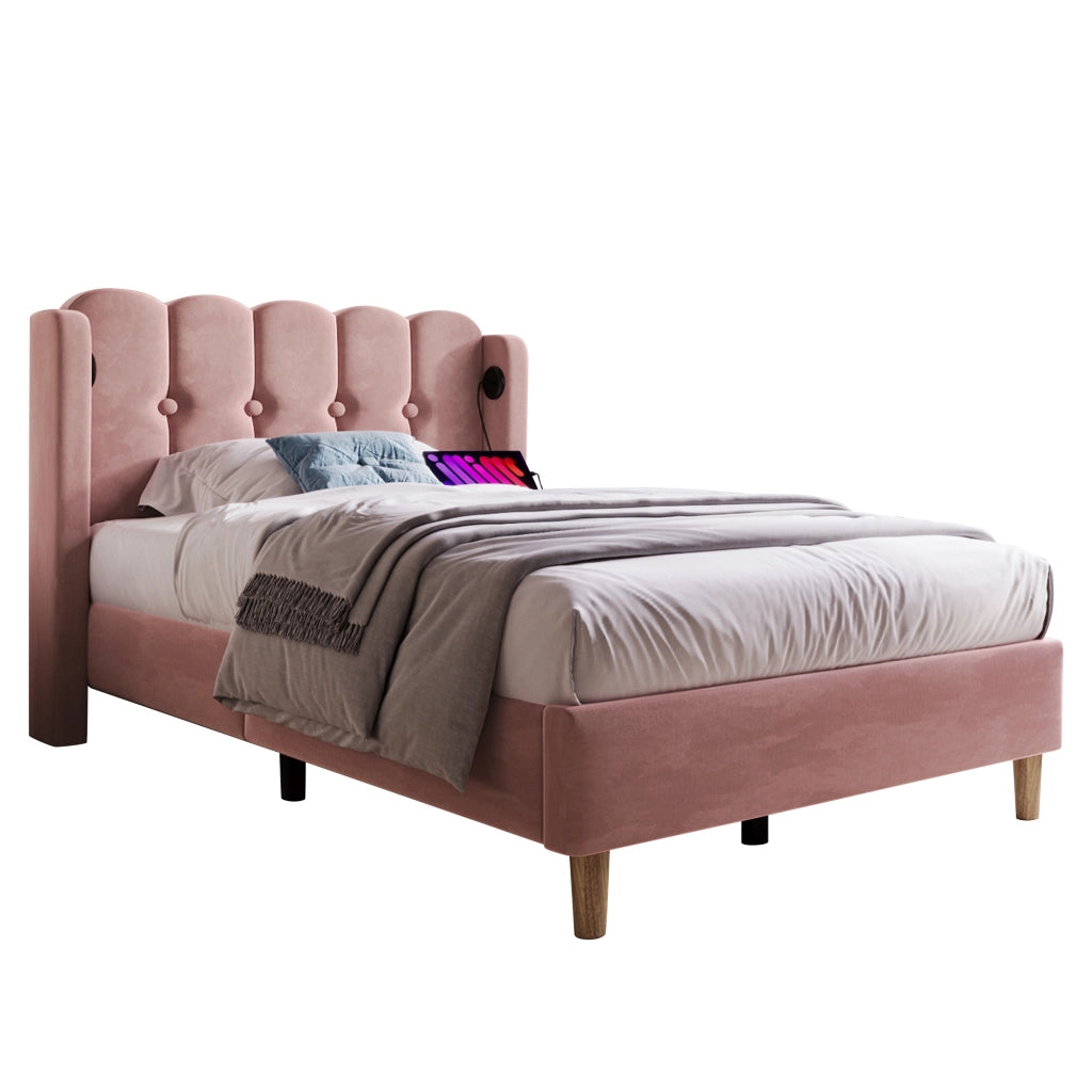 OKWISH Letto Singolo 90×200 cm con Porte USB, Tipo C e Testiera, senza Materasso, in Velluto, Rosa