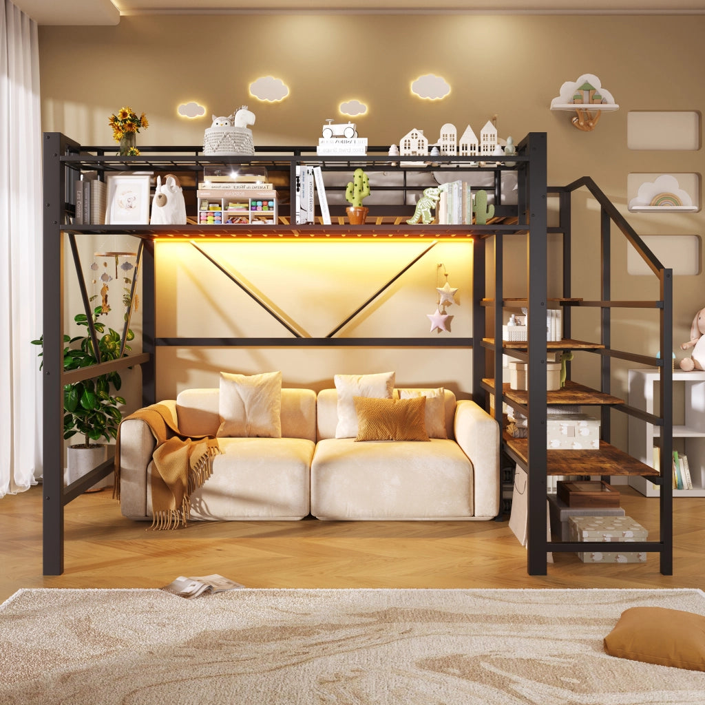 DESMIU Letto a soppalco 140 × 200 cm 2 posti con ripiani, cestello portaoggetti, LED regolabile, senza materasso, nero