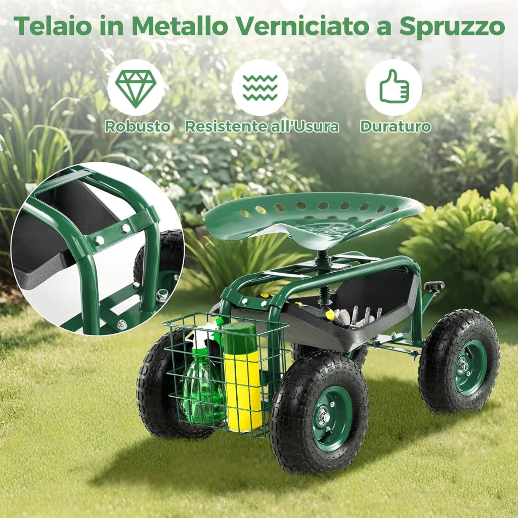 Sgabello per Giardinaggio con Ruote, Sedile da Giardino Regolabile in Altezza con Manico Estensibile, Cesto Portaoggetti, 2 Vassoi e 4 Ruote in Gomma (82,5 x 45,5 x 45,5-54,5 cm)