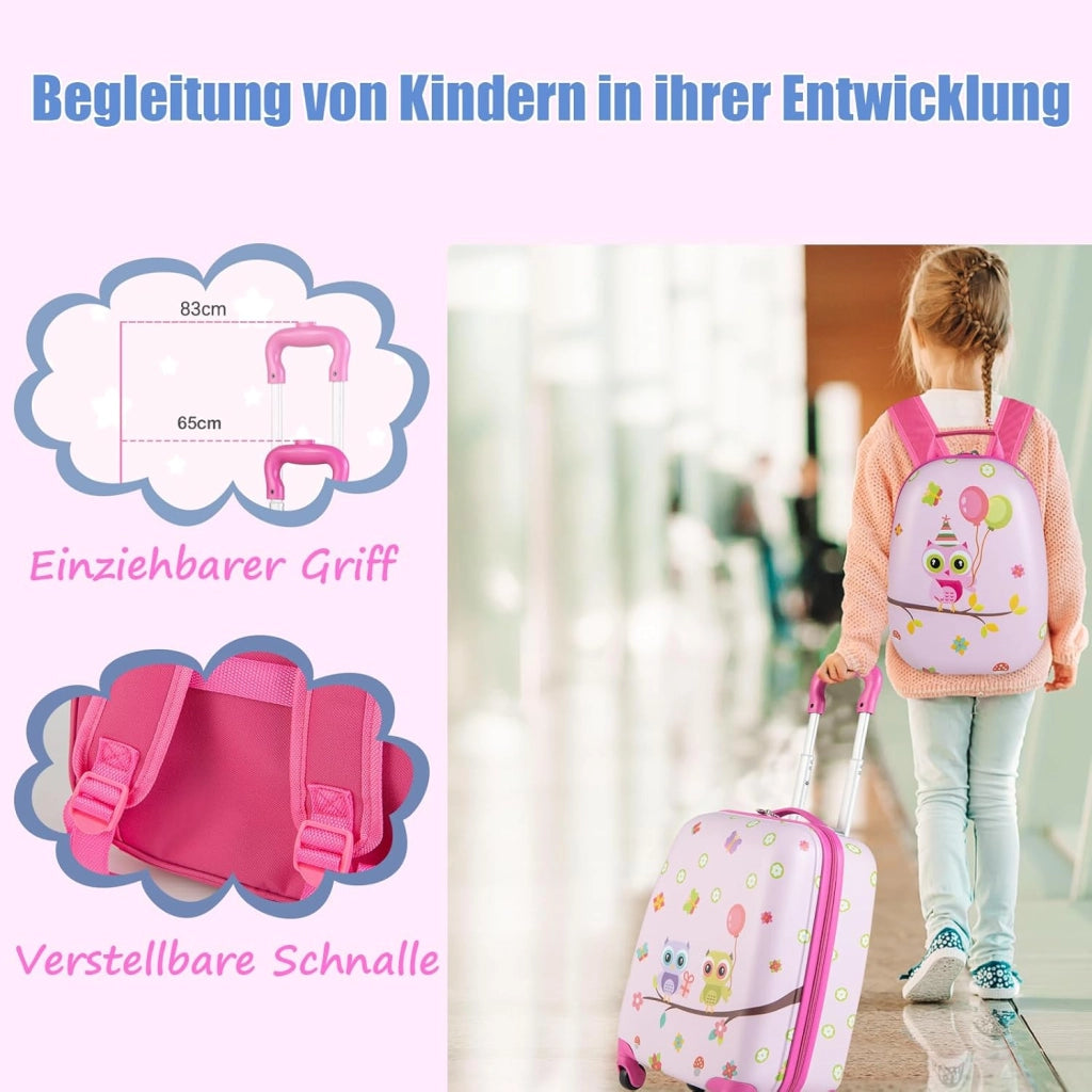 Set di Valigia 16’’ + Zaino 12’’ per Bambini 2 Pezzi, Bagagli 2-in-1 con Zainetto da Viaggio Aereo, Trolley con Maniglia Telescopica e 4 Ruote a 360° (Rosa Gufo)