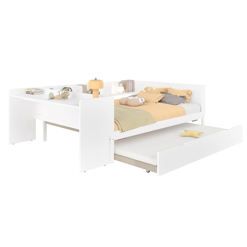 Letto-Xylo-140x200 cm-con scrivania, rotelle, scaffali, pino, bianco