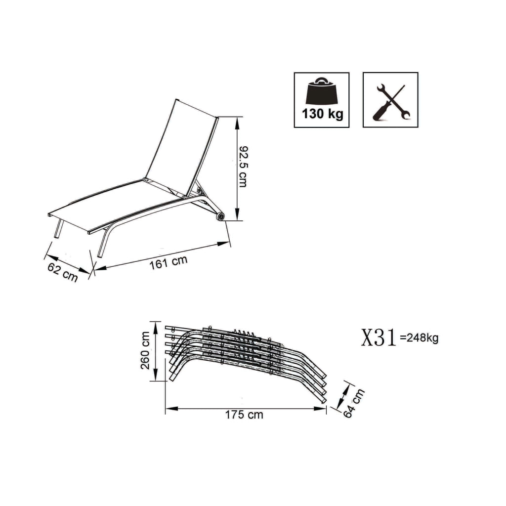 Lettino da Giardino Impilabile in Alluminio Textilene cm 161x62x92 5 - TOM