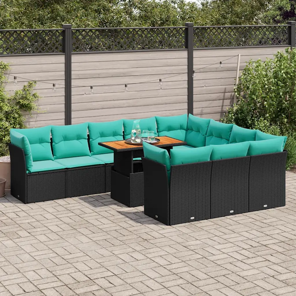 Set Divani da Giardino 11 pz con Cuscini in Polyrattan Nero