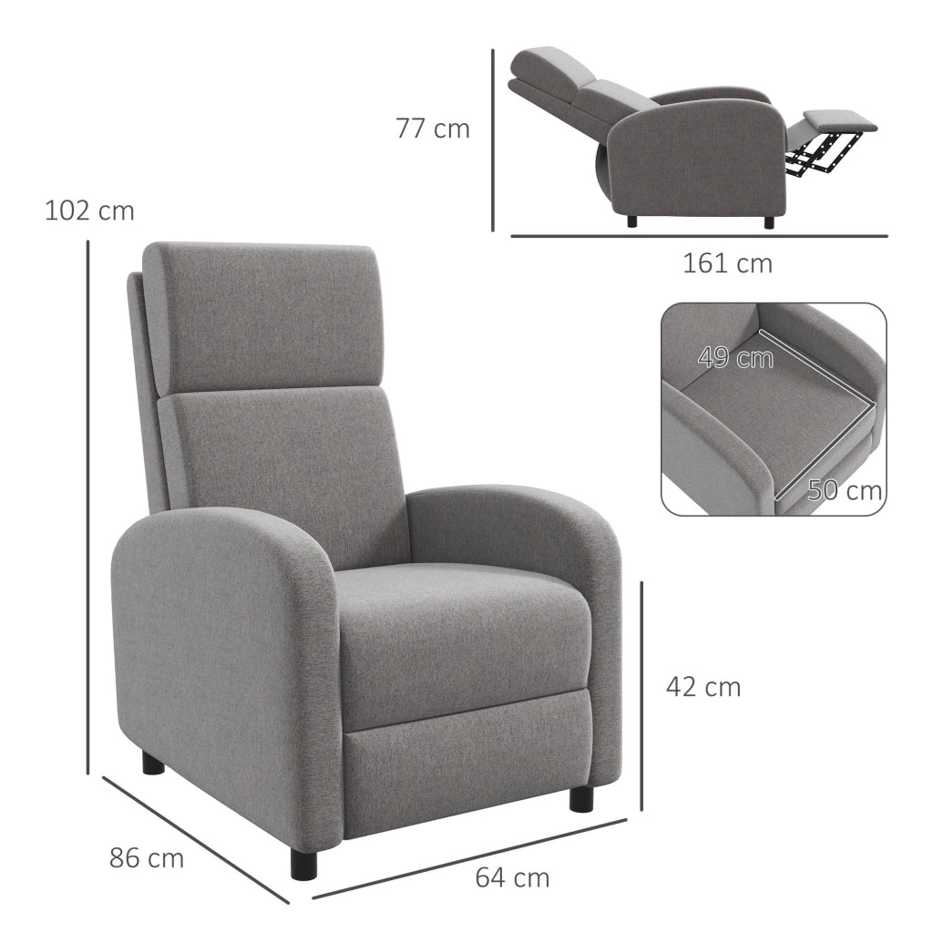 EasyComfort Poltrona Reclinabile 160° in Tessuto Effetto Lino con Braccioli Quadrati, 64x86x102 cm, Grigia