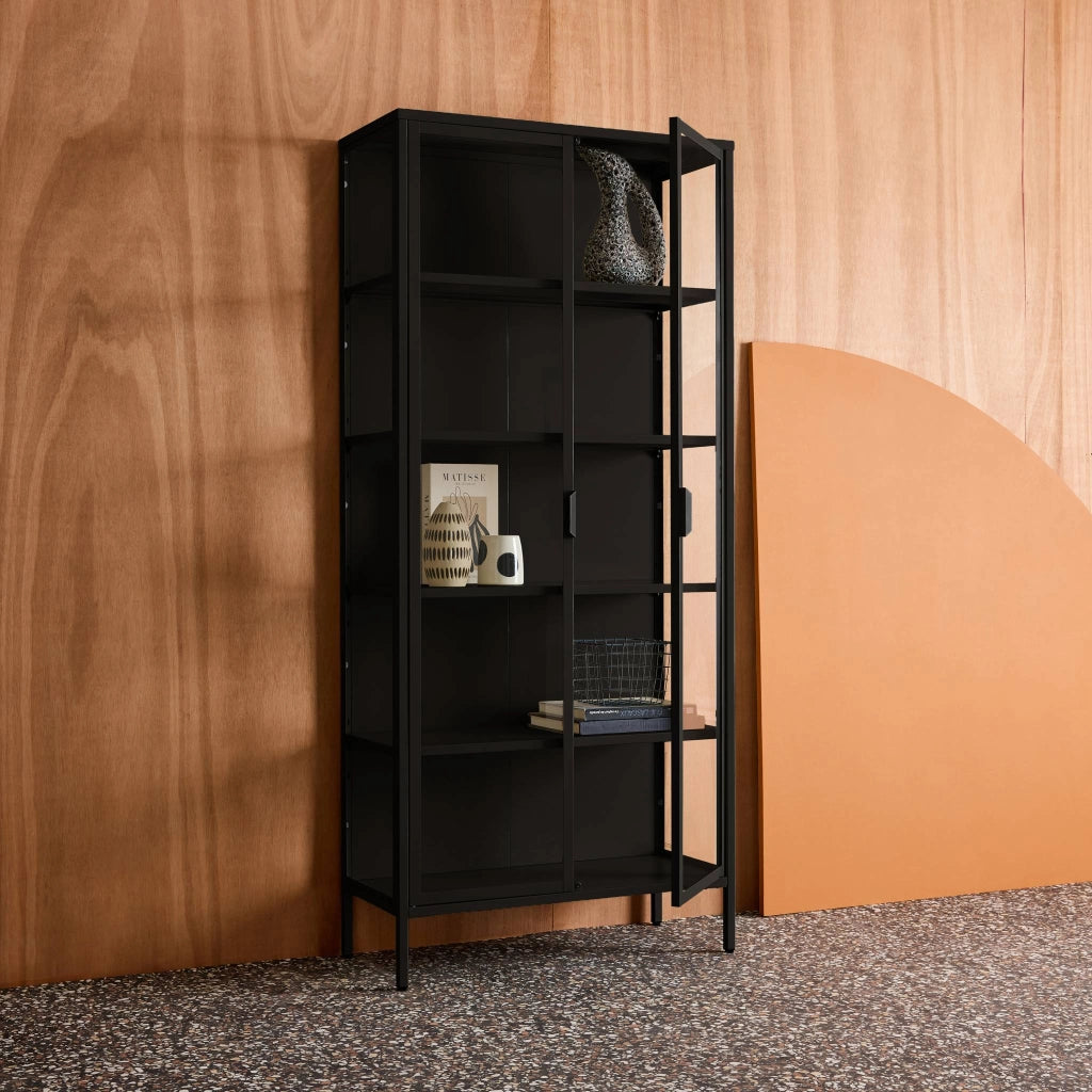 Credenza in acciaio e vetro temperato 2 porte, 180cm, nero