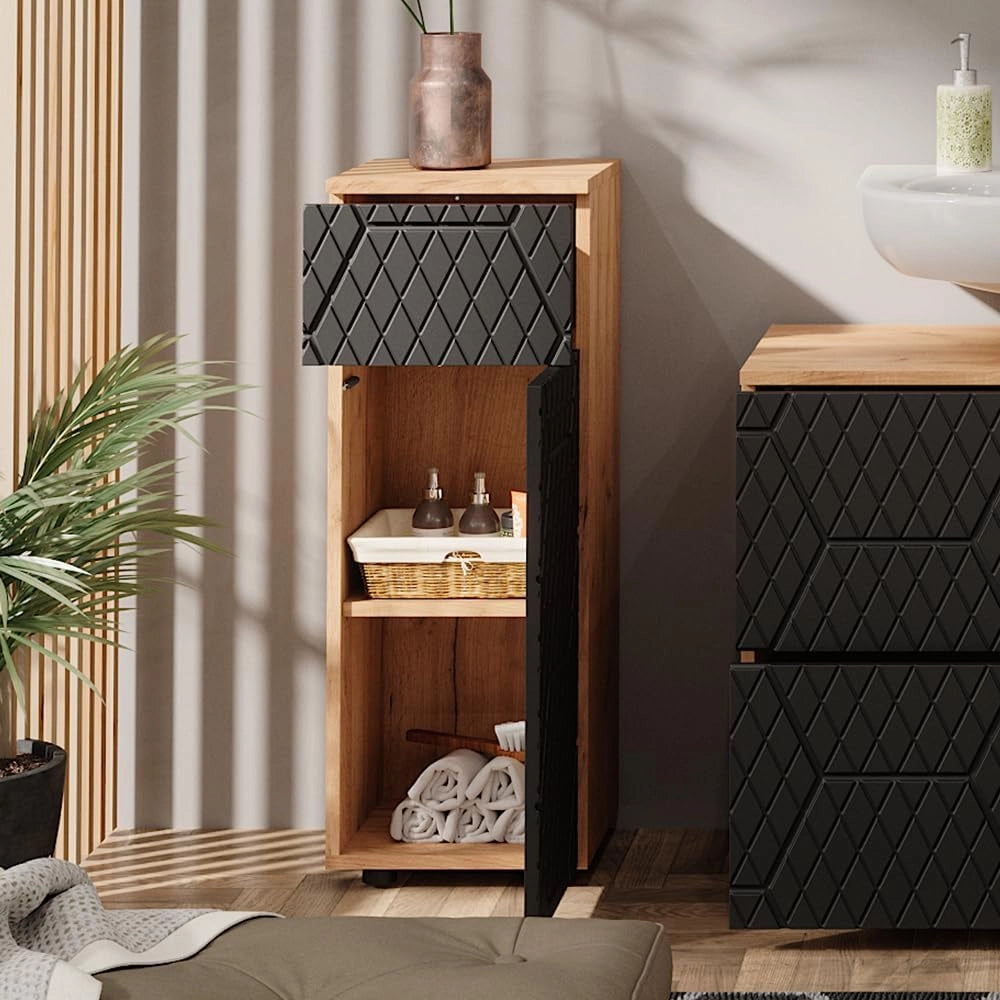 Mobiletto bagno Irma, Antracite con struttura a nido d'ape, 30 x 81 cm con 1 cassetto, 2 scomparti, per la conservazione in bagno, abbinabile alla serie Irma