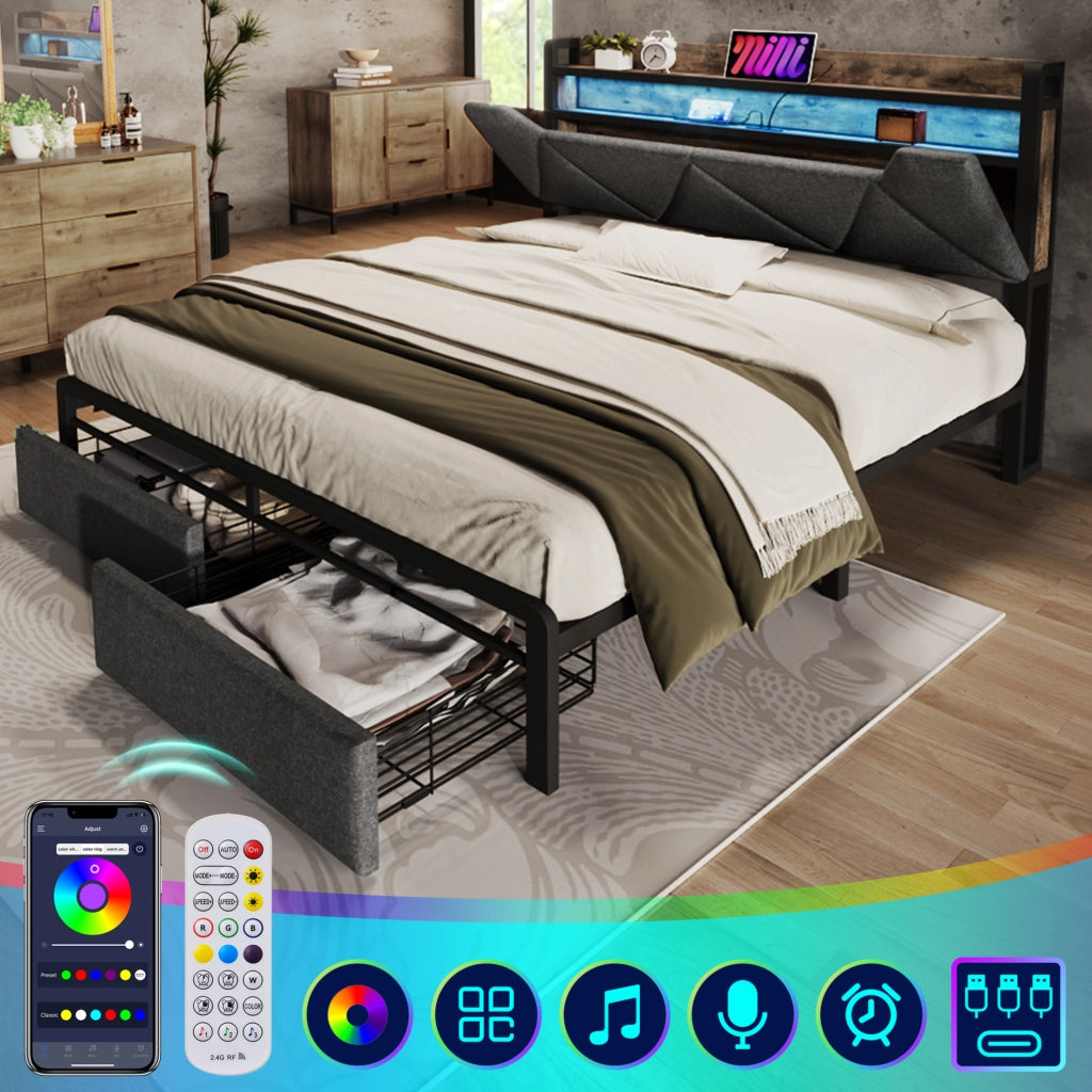 Letto 160x200 cm con LED; USB e Type-C; testiera contenitore; 2 cassetti; lino; grigio