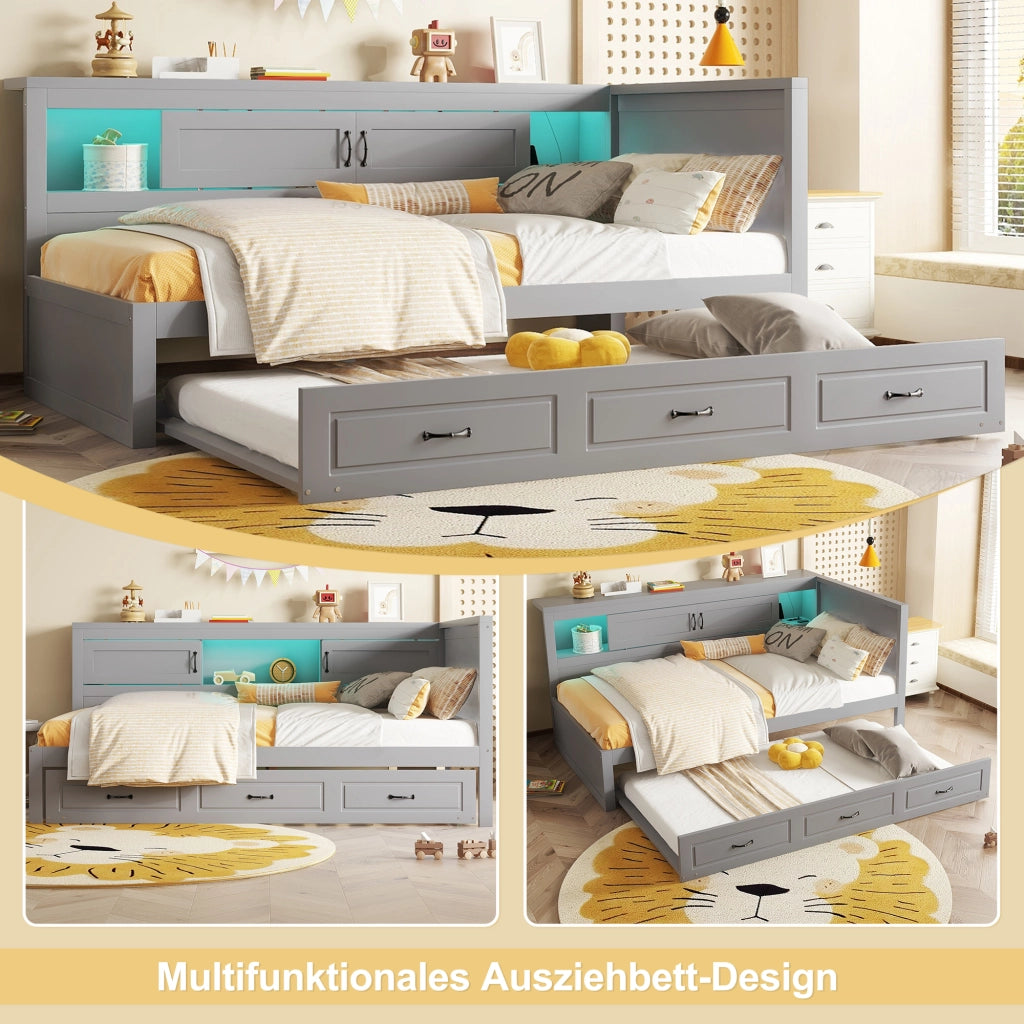 OKWISH Letto a Scomparsa 90×200 cm, Letto Singolo con Letto Estraibile, LED e Prese con USB, senza Materasso, Grigio