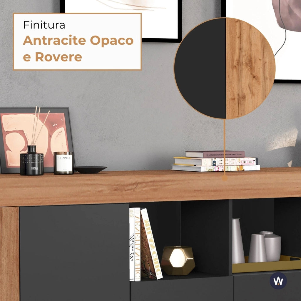 WHOUS Credenza Chronos 4 ante e 2 vani antracite opaco e rovere 200x40x85 cm