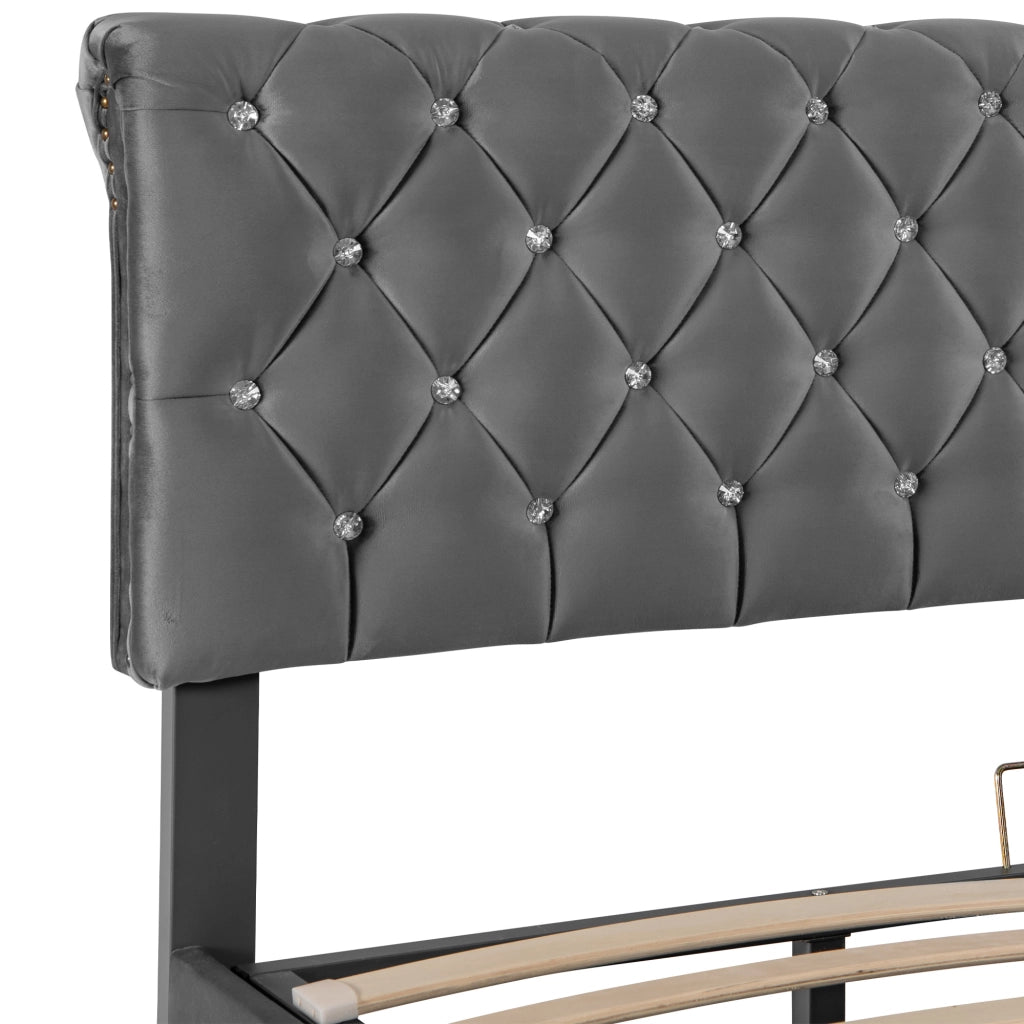 Letto imbottito 160x200 cm in velluto grigio con contenitore e testiera regolabile