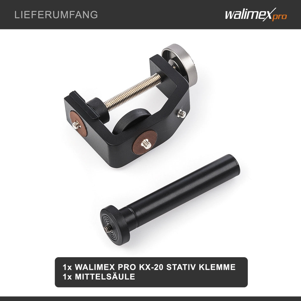 KX-20 Morsetto per treppiede - Morsetto per treppiede, morsetto per flash, in alluminio, con colonna centrale estensibile da 12,5 a 20 cm, per fotocamera, luci LED