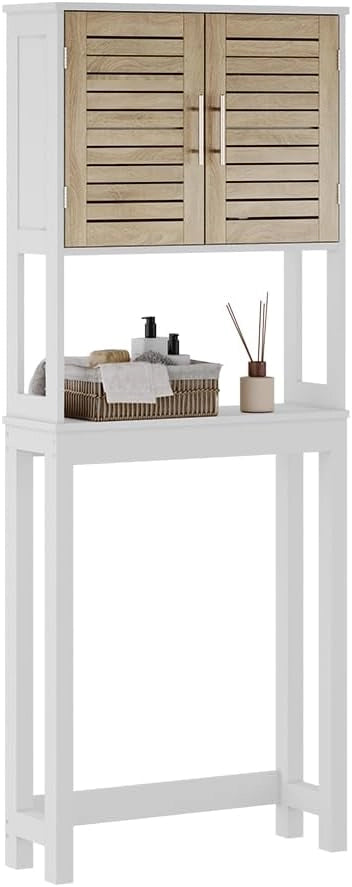 Armadietto per toilette Looma, Bianco/quercia, 70 x 180 cm con 2 scomparti chiusi, utilizzabile come armadio sovrapponibile per lavatrice o WC