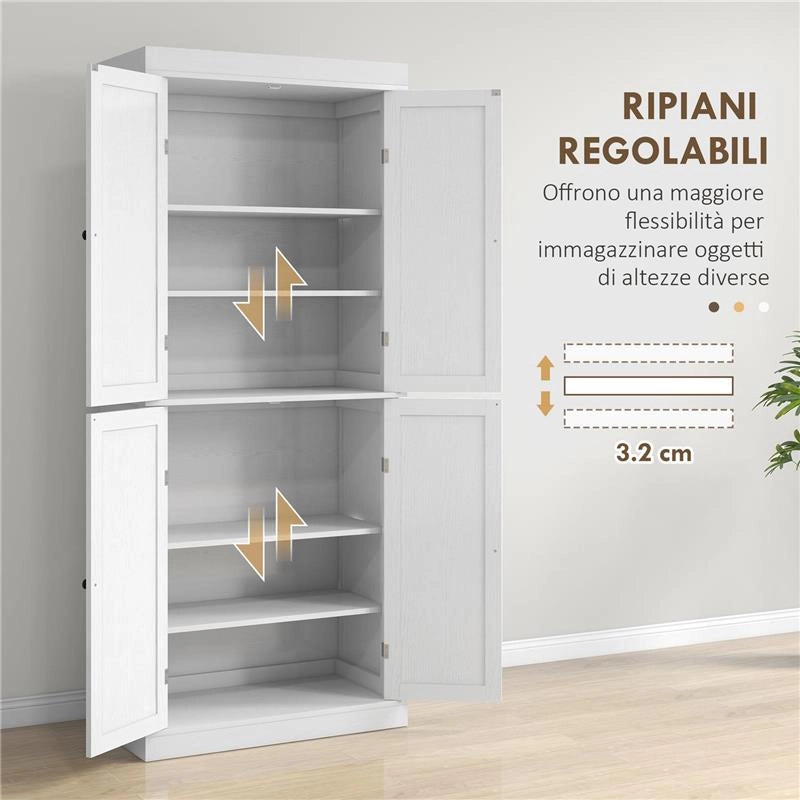 MOBILE CUCINA ALTO CON 6 RIPIANI REGOLABILI E 2 ANTE IN LEGNO, BIANCO 76X40.5X184 CM