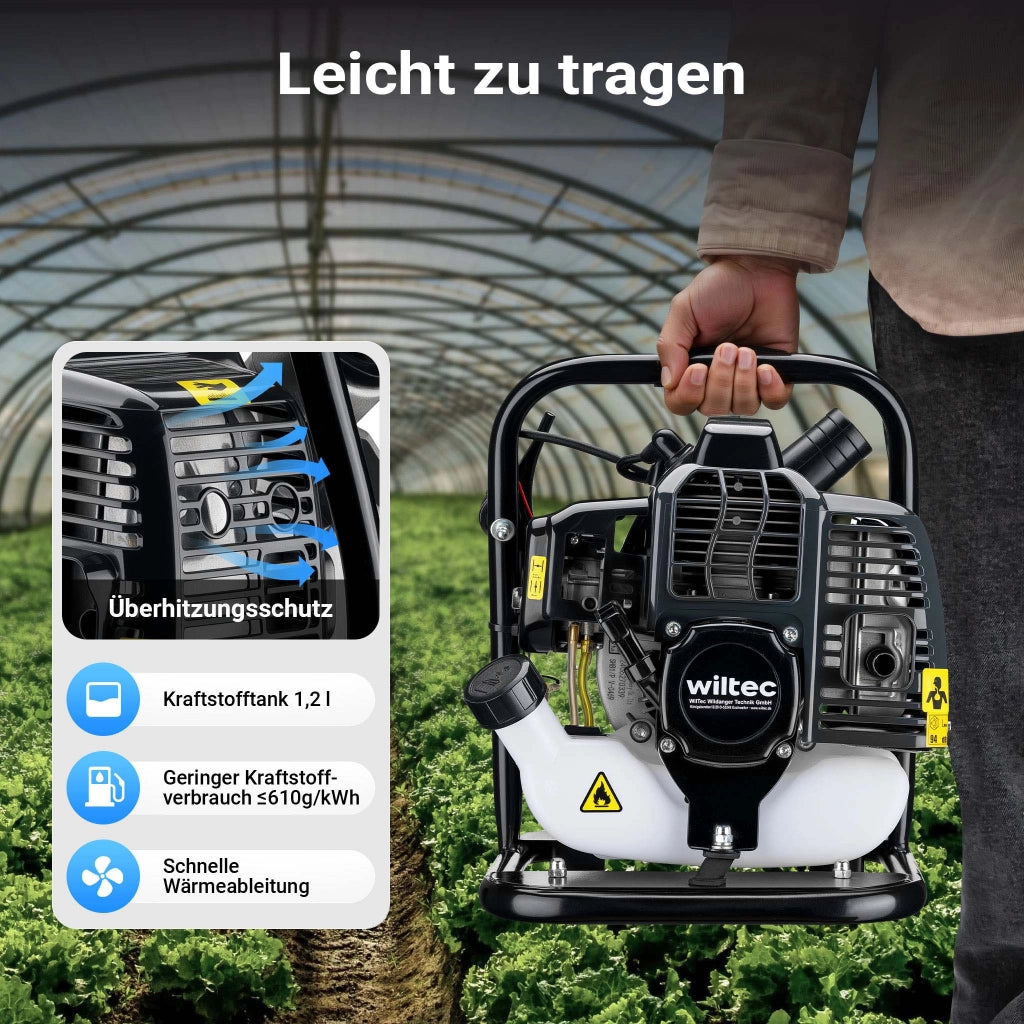 Pompa per acqua a benzina, motore a 2 tempi, 1,4 kW, pompa per giardino con portata 400 l/min, profondità di aspirazione max 8 m, per cantine, cantieri, scavi