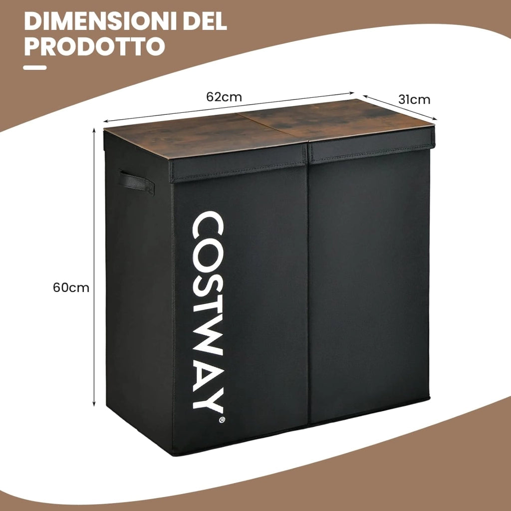 105 L Cesto Portabiancheria con Coperchio, Portabiancheria Sporca con 2 Scomparti e Maniglie, in Tessuto Non Tessuto, Ideale per Bagno Lavanderia, 62 x 31 x 60 cm (Nero)