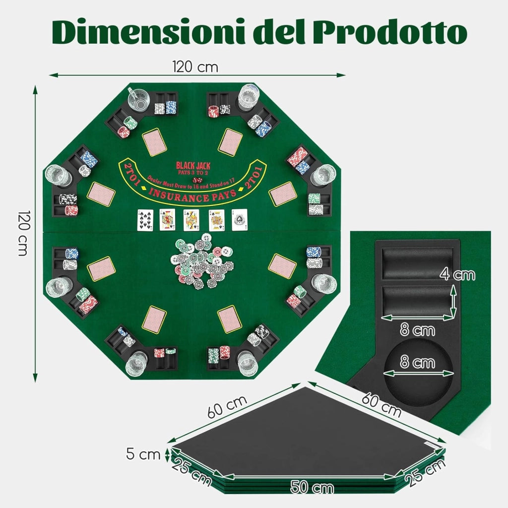 Tappetino da Poker Pieghevole 120 cm, Portatile con Borsa Portabicchieri e Vassoi per Fiches, Tappeto da Poker Antiscivolo, Verde
