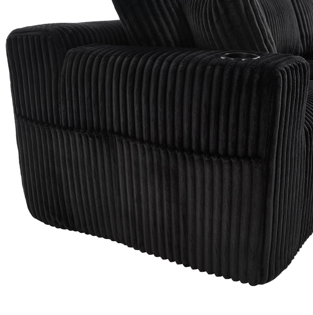 Divano modulare 257x160x62 cm con 5 cuscini; tasche laterali e portabicchieri in velluto a coste nero