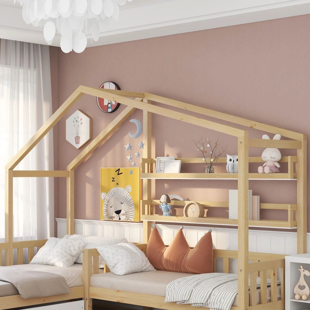 Letto a casa per bambini con cassetti e mensole in legno massello naturale 90x200 cm+140x70 cm
