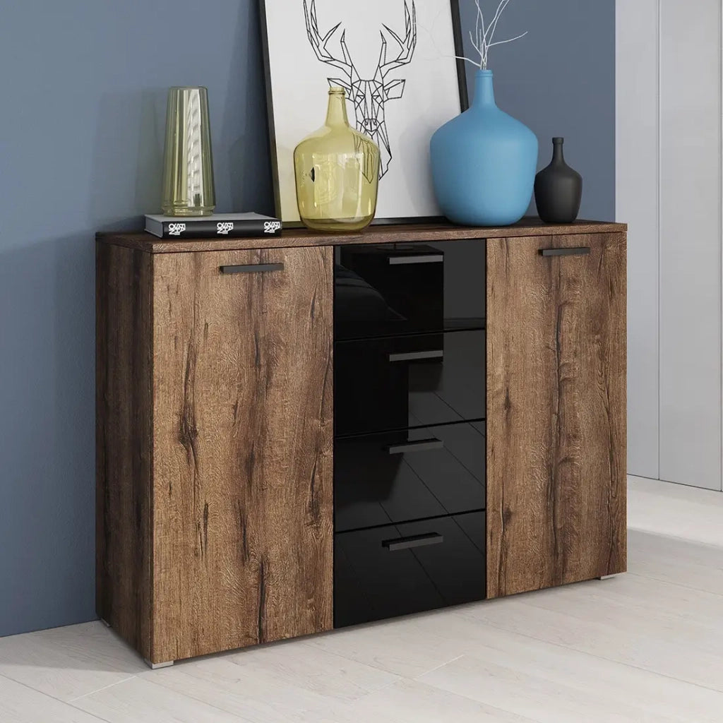 Mobile design con 2 ante e 4 cassetti 130cm. Collezione FLOYD in colore quercia scura e nero lucido.