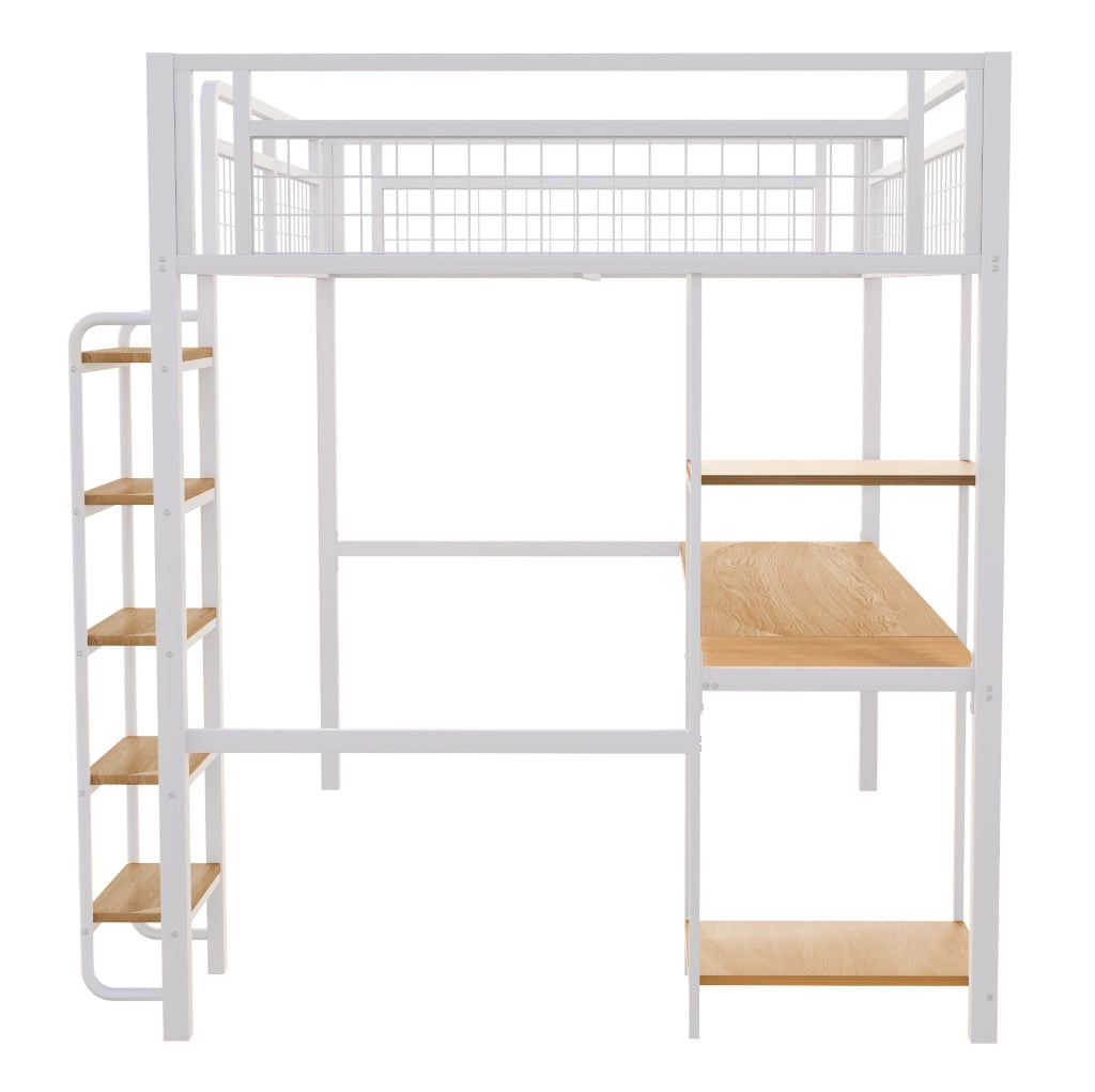 Letto a soppalco in metallo 140x200 cm bianco con scrivania e scaffali