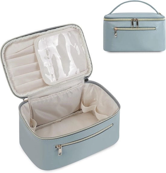 Borsa di Trucco Viaggiabile in Grigio Blu - Borsa per Trucco e Pennelli in Pelle di Cuoio - Borsa per Bagno con Comparti Interni (Donne)