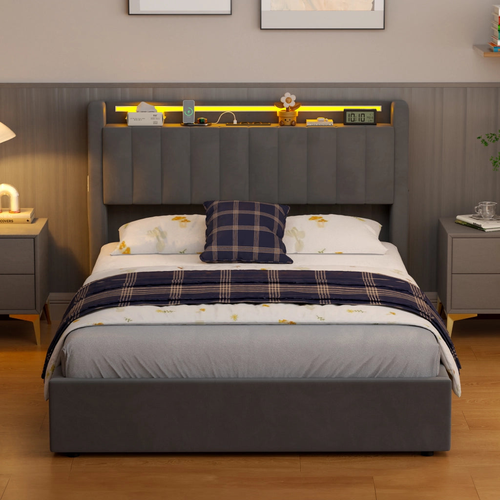 Letto imbottito 140x200 cm in velluto con contenitore, LED e porta USB