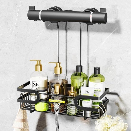 Pannello per doccia senza fori - pannello per doccia da appendere sulla maniglia della miscela, pannello per doccia robusto da appendere per shampoo e gel doccia, maniglia per doccia da appendere per la camera da bagno nera
