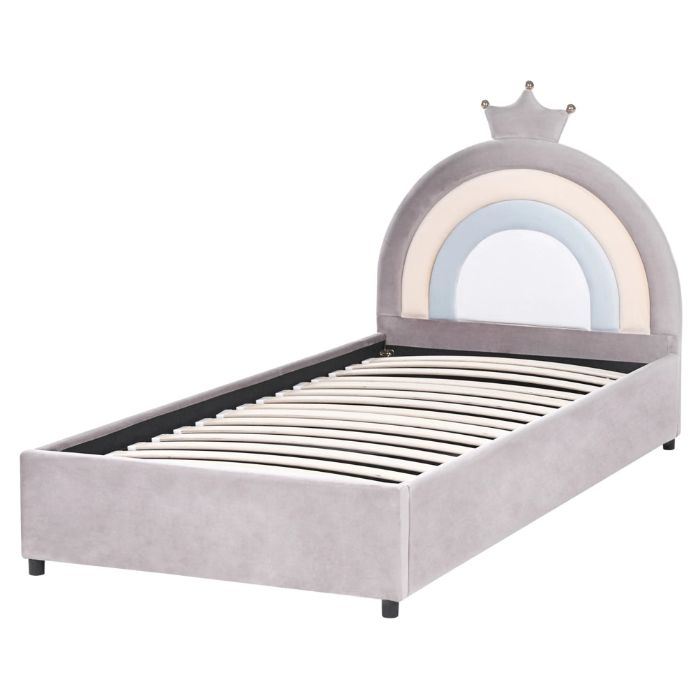 Letto singolo in velluto grigio imbottito con base a doghe e contenitore Blu 90 x 200 cm Cameretta Bambini Moderna Tradizionale