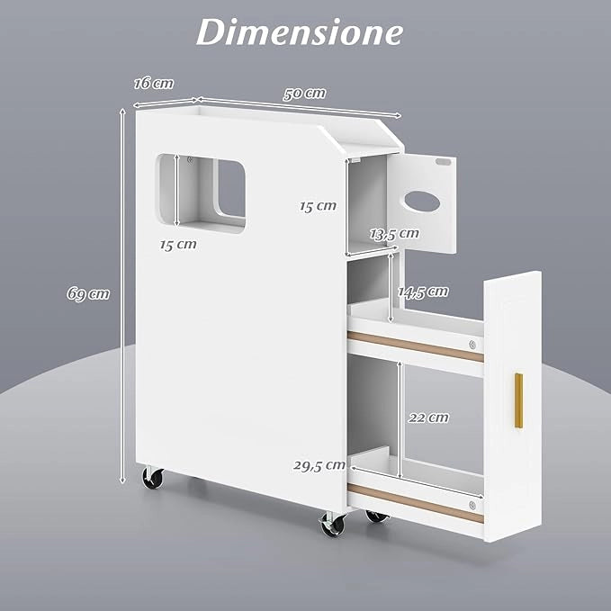 Credenza da Bagno Piccolo, Mobile Salvaspazio Stretto e Slim con Cassetto Scorrevole, Porta Fazzoletti, Portascopino e Ruote Bloccabile, Armadietto per Spazi Ridotti (Bianco)