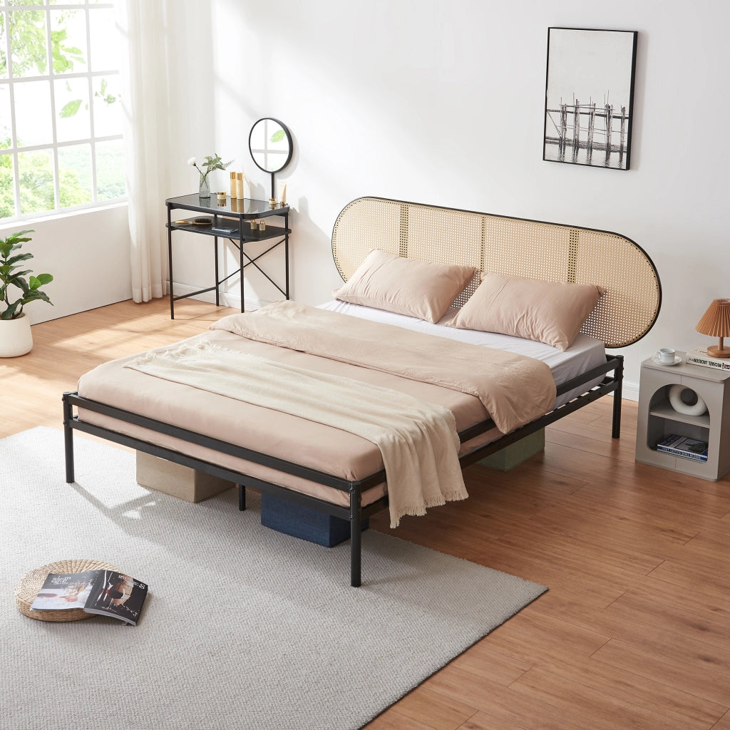 Letto Matrimoniale Linköping con Materasso 160x200 cm e Testiera Ovale Effetto Rattan [en.casa]